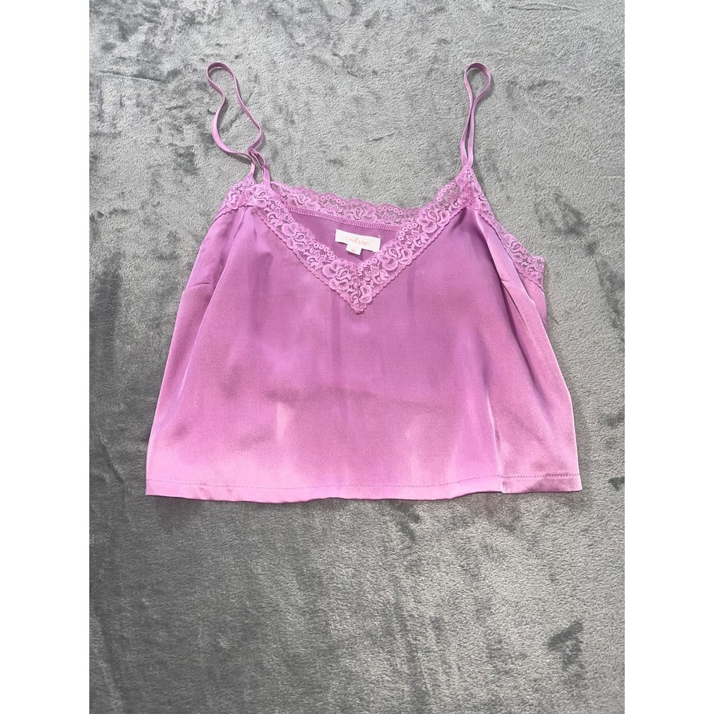 Colsie Womens Large Pink Satin Cami V Neck Lace Trim Barbie Crop Top Tank